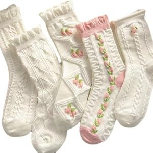 5 Pairs White Cute Socks, Women's Lace Ruffles Ankle Casual Sock,  Breathable Mid Tube Socks, Floral Crew Socks