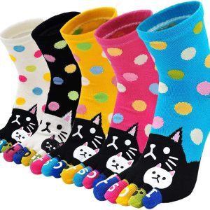 Women Toe Socks Funny Cat Dog Print Cotton Five Finger Socks Novelty Athletic Running Crew Ankle Socks Size 6-9
