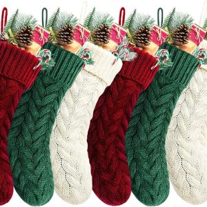 Christmas Stockings, 20 Inch Burgundy, Ivory, Green Cable Knit Stockings Christmas Holiday Decoration, 6 Pack