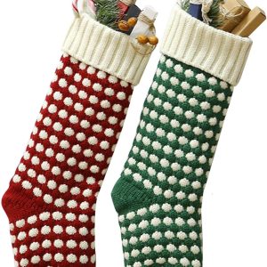 Christmas Stockings ，18" Unique Burgundy and Green Knit Christmas Stockings Dots Style (Length 18",Pack 2)