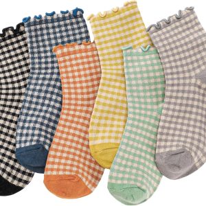 Women Ruffle Striped Frilly Socks, Cute Checkered Ankle Sock for Women Cotton Knit Casual Crew Socks Size 5-9