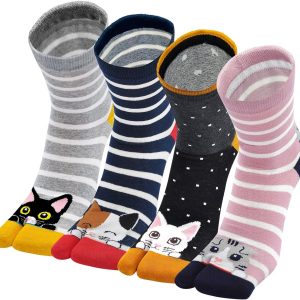 Women Tabi Flip Flop Socks Two Toe Split Athletic Cotton Colorful Ankle Sock 4pairs