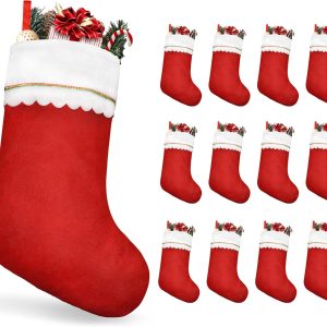 12pcs Christmas Stockings, 19“ Red and White Christmas Stockings, Traditional Bulk Christmas Stockings with Gold Trim for Xmas Fireplace Staircase Decoration