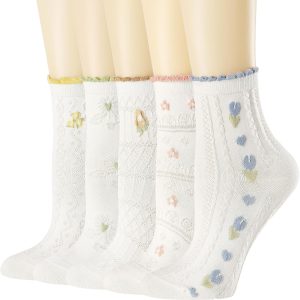 Women's Crew Socks - Casual Cotton Cute Novelty Socks - Floral Ankle Socks - 5 Pack (White, One Size)