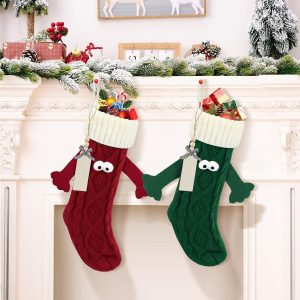 Christmas Stockings Magnetic Holding Hands Socks with Name Tags, Knitted Christmas Stocking Stuffers Boys Girls Personalized Xmas Party Home Decor Funny Socks Gifts, Red and Green, 2 Pack
