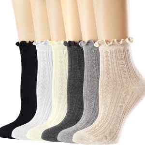 Womens Crew Socks Ruffle Casual Cotton Frilly Breathable Cute Knit Lettuce Trim Dress Ankle Socks 6 Pack