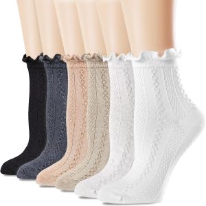 Women's Ruffle Socks,Cute Knit Patterned, Ankle Casual Fashion Dress Socks,Thin Lettuce Frilly Cuff for Girls 6 Pack