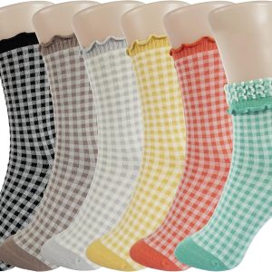 Checkered Ruffle Socks Women - Cute Plaid Frilly Sock - Casual Crew Cotton Socks Size 5-9